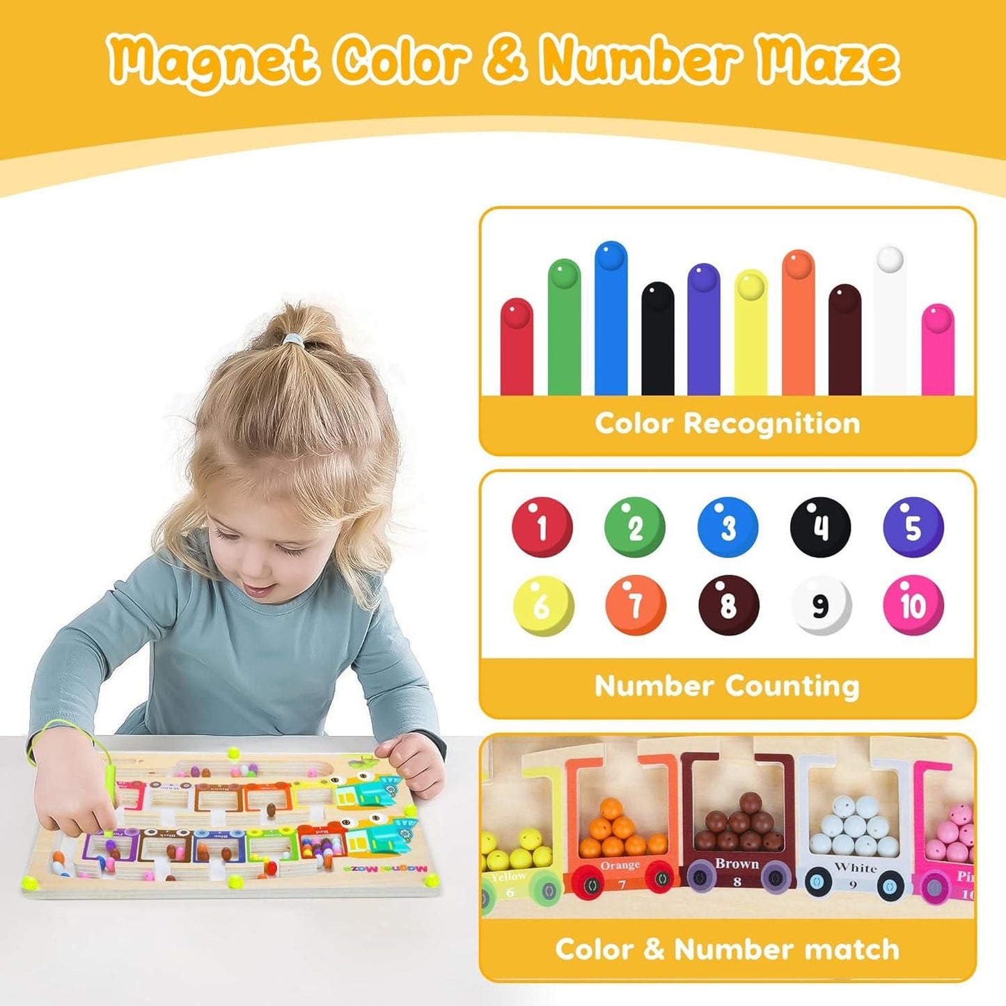 🧲 Magnetic Color & Number Maze – Montessori Wooden Puzzle Game Board