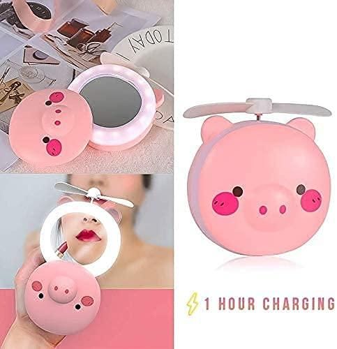 🐷 Cartoon Cute Pig LED Lights Mirror Pocket Fan