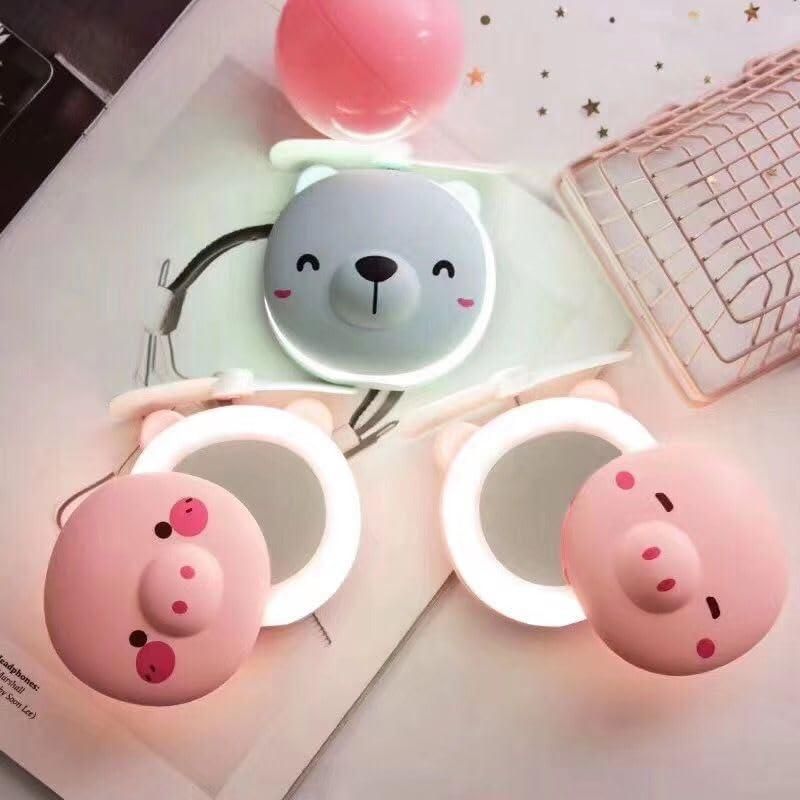 π· Cartoon Cute Pig LED Lights Mirror Pocket Fan