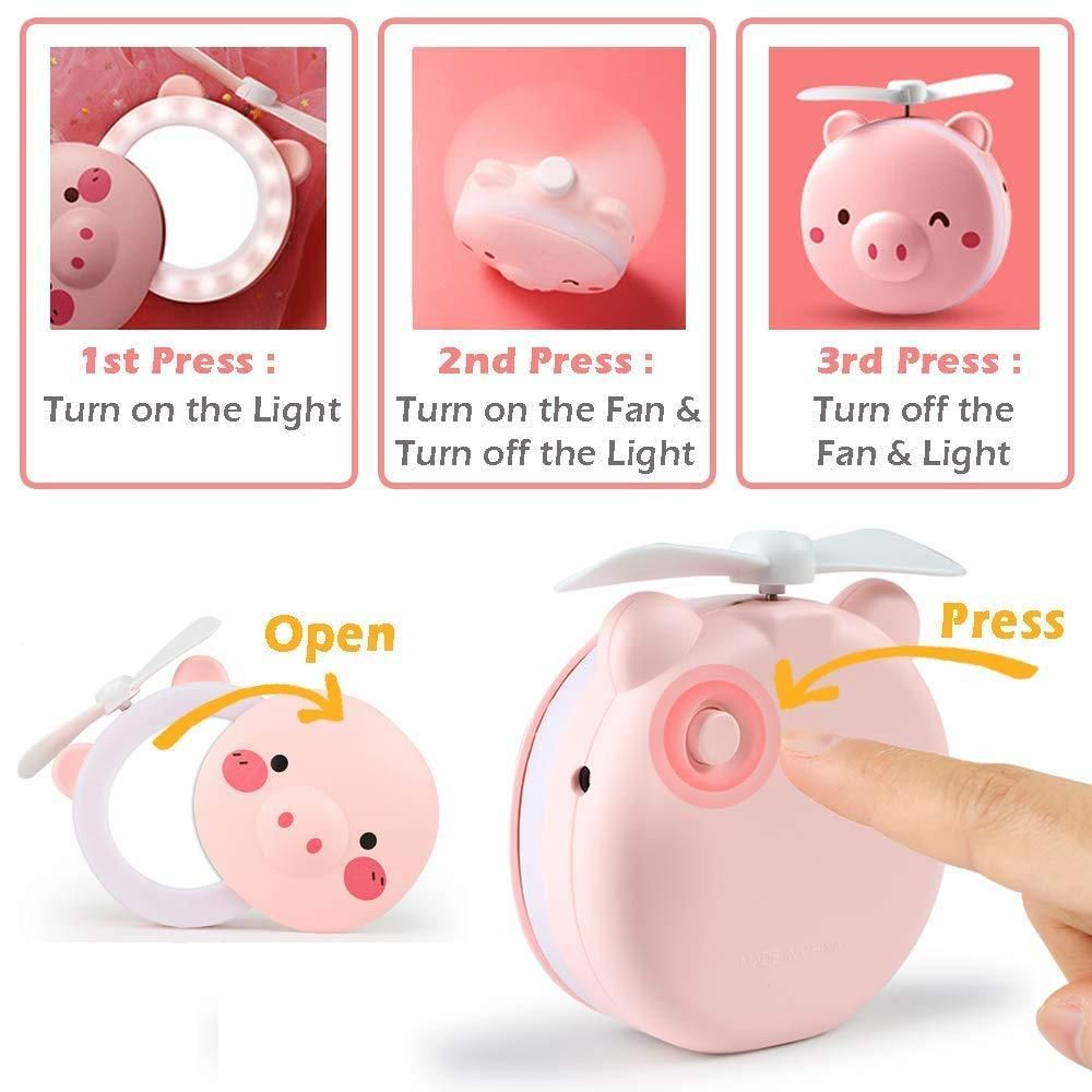 🐷 Cartoon Cute Pig LED Lights Mirror Pocket Fan