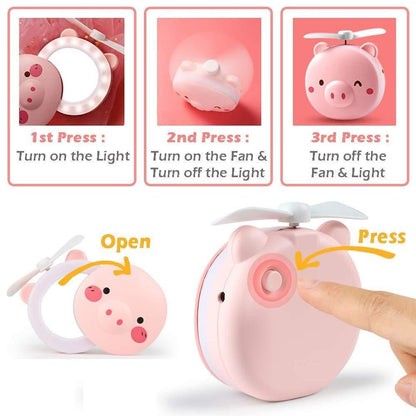 🐷 Cartoon Cute Pig LED Lights Mirror Pocket Fan