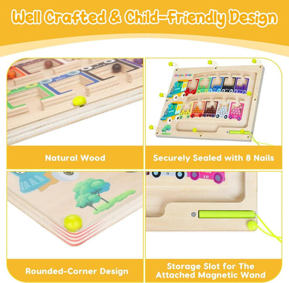🧲 Magnetic Color & Number Maze – Montessori Wooden Puzzle Game Board